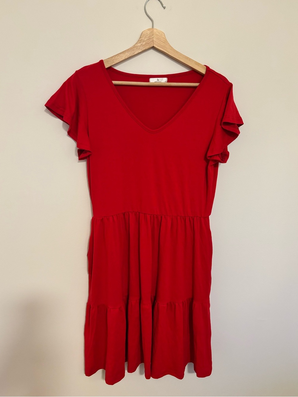 Amazon Red V-Neck Tiered Flutter Sleeve Mini Dress